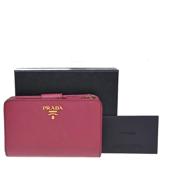 PRADA Logo Saffiano Bifold Wallet Purse Ibisco Pink GHW 69KA646 - Picture 1 of 16